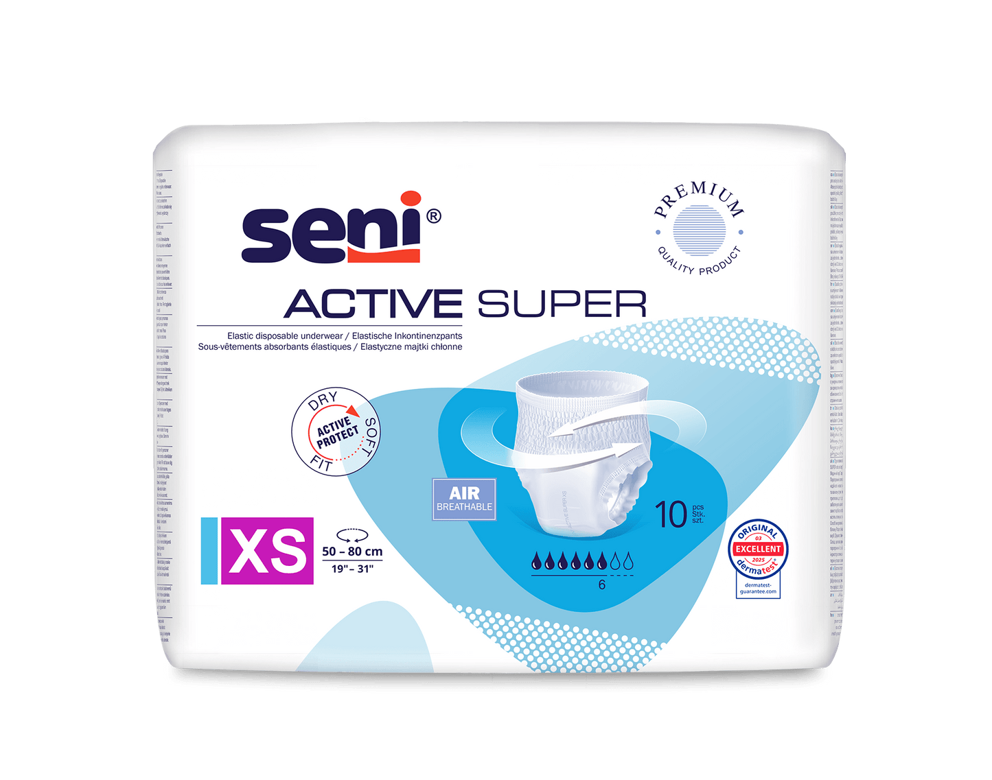 Jedno balení Seni Inkontinenční kalhotky Active Super od společnosti TZMO Deutschland GmbH, velikost XS pro obvod pasu 50–80 cm. Určené pro osoby s inkontinencí, vyznačují se prodyšností a suchostí; balení obsahuje 10 kusů v bílo-modrém obalu.