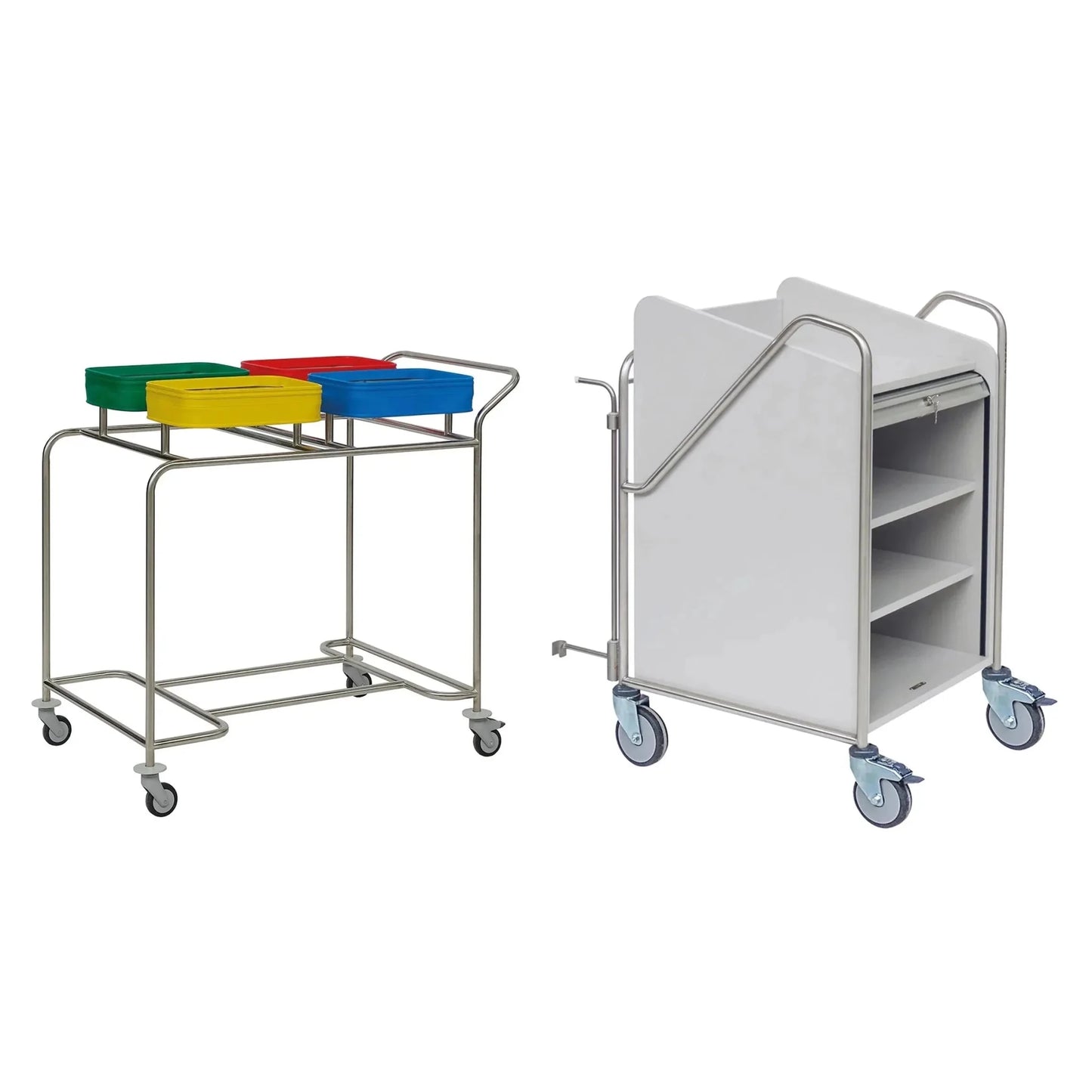 Zobrazeny jsou dva staniční vozíky: vlevo je nerezový rám Novocal staničního vozíku se třemi barevnými nádobami a koly; vpravo je bílý, uzavřený, robustní Novocal staniční vozík s policemi a velkými koly.