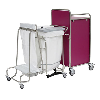 Novocal staniční vozík má kaštanový kryt, plně svařovaný rám z nerezové oceli, kolečka a bílý plastový držák na pytle s víkem - perfektní pro efektivní sběr odpadu nebo prádla ve zdravotnictví.