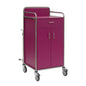Novocal staniční vozík s rámem z nerezové oceli, horní zásuvkou, dvěma dolními dveřmi a čtyřmi otočnými kolečky je ideální pro nemocnice. Je v fialové barvě, má plně svařované kulaté trubkové spoje a je zobrazen na jednoduchém bílém pozadí.
