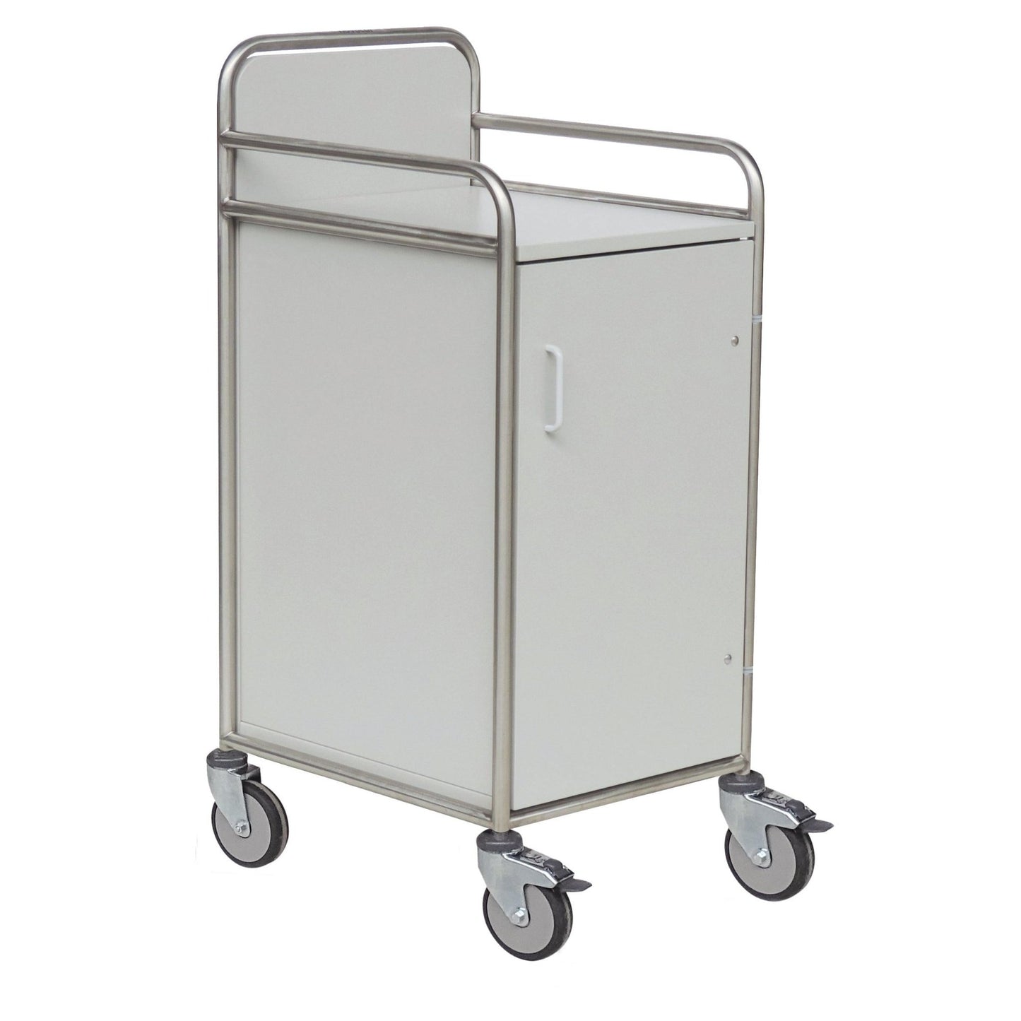 Rám vozíku Novocal z nerezové oceli má všude svařované trubkové spoje a je ideální pro flexibilní použití a skladování v nemocnicích.
