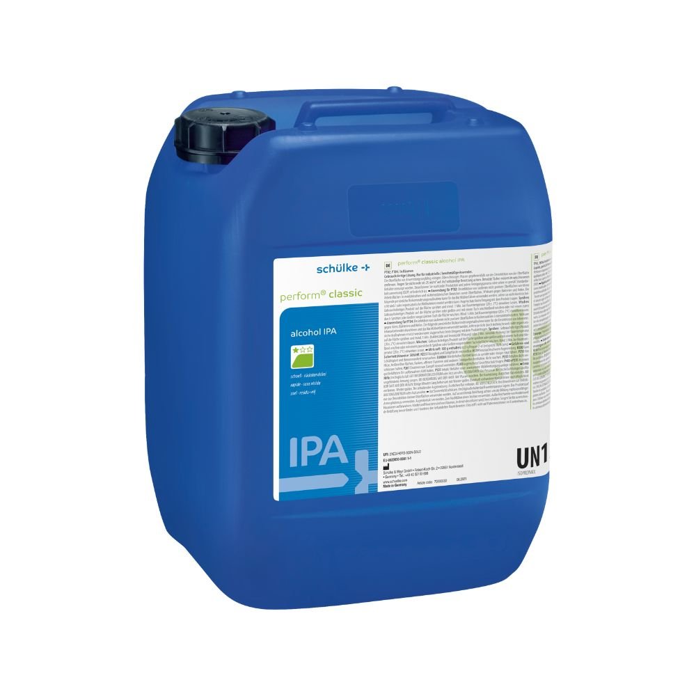 Pro rychlou dezinfekci je vhodná velká modrá plastová nádoba s nápisem „Schülke perform classic alc IPA Flächendesinfektionsmittel“ od společnosti Schülke & Mayr GmbH, potištěná grafikou a „alcohol IPA“. Má černý uzávěr a boční označení „UN1“.