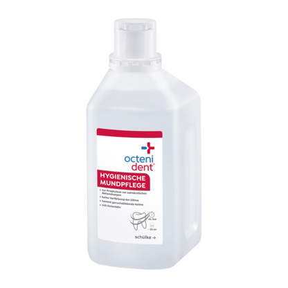 Láhev ústní vody Octenident® od Schülke & Mayr GmbH s etiketami v němčině, které upozorňují na hygienickou ústní péči. Láhev je průhledná, obsahuje světle modrou kapalinu a má bílou etiketu s červenými a modrými akcenty.