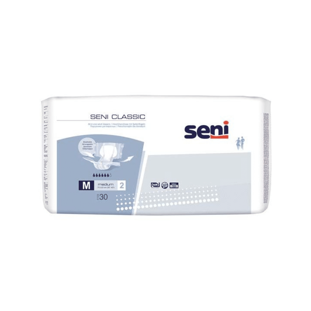 Balení 30 Seni Classic inkontinenčních kalhotek, velikost S-L od TZMO Deutschland GmbH. Bílý/světle modrý obal s produktovými informacemi a obrázky; ideální při inkontinenci díky spolehlivé technologii superabsorbentu.