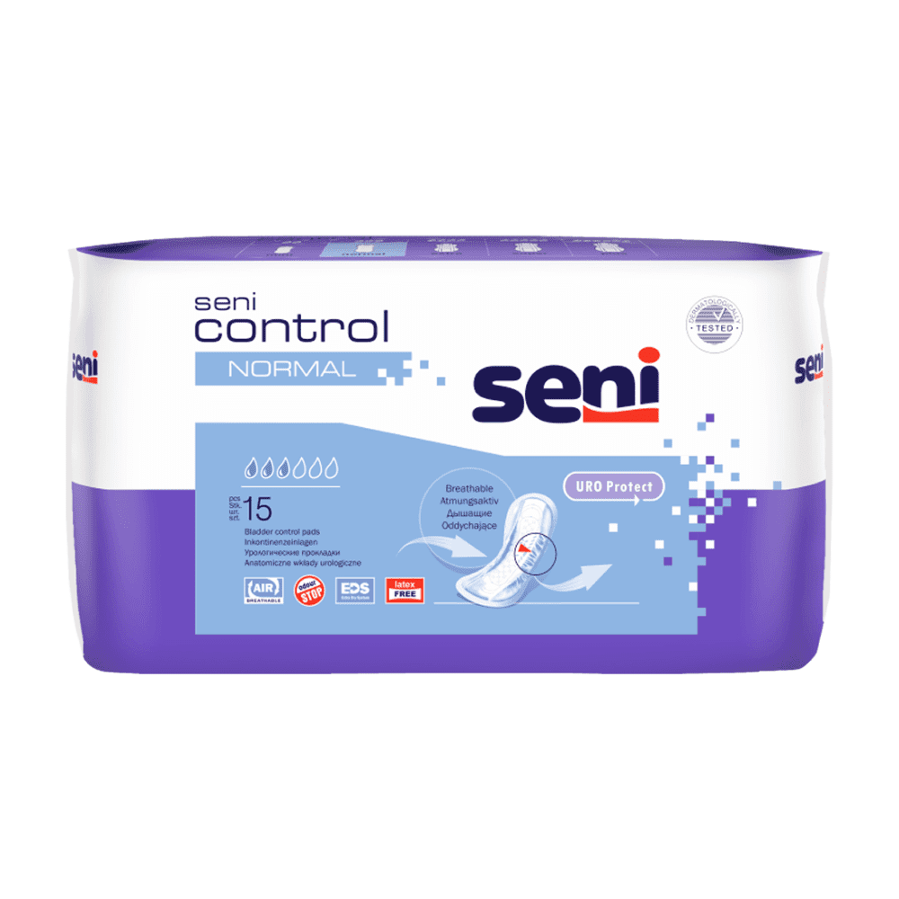 Balení s 15 inkontinenčními vložkami Seni Control Normal od společnosti TZMO Deutschland GmbH v fialovo-bílém designu s podrobnostmi o produktu. Tyto vložky nabízejí prodyšnou, diskrétní a pohodlnou ochranu při inkontinenci.