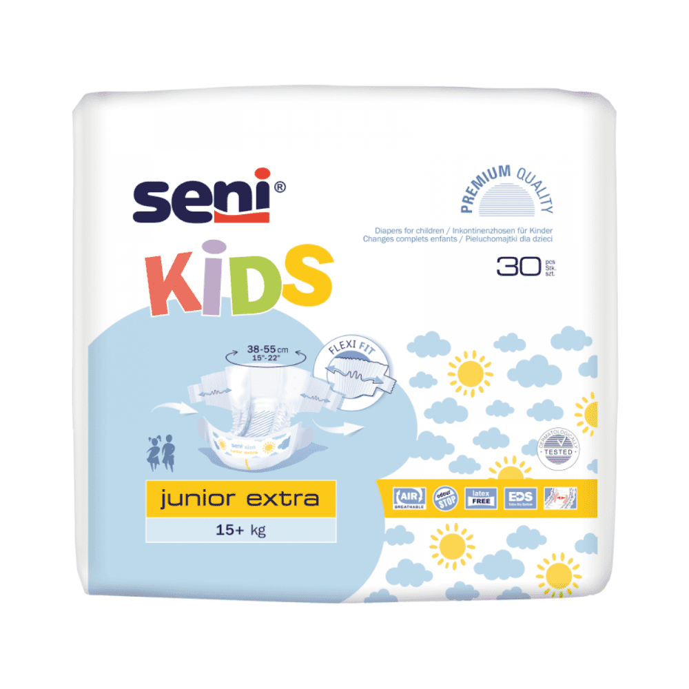 Inkontinenční kalhotky Seni Kids Junior Extra od společnosti TZMO Deutschland GmbH pro děti od 15 kg jsou dodávány v barevném balení se sluneční a oblačnou grafikou a symbolem Extra Dry System a obsahují 30 kusů.