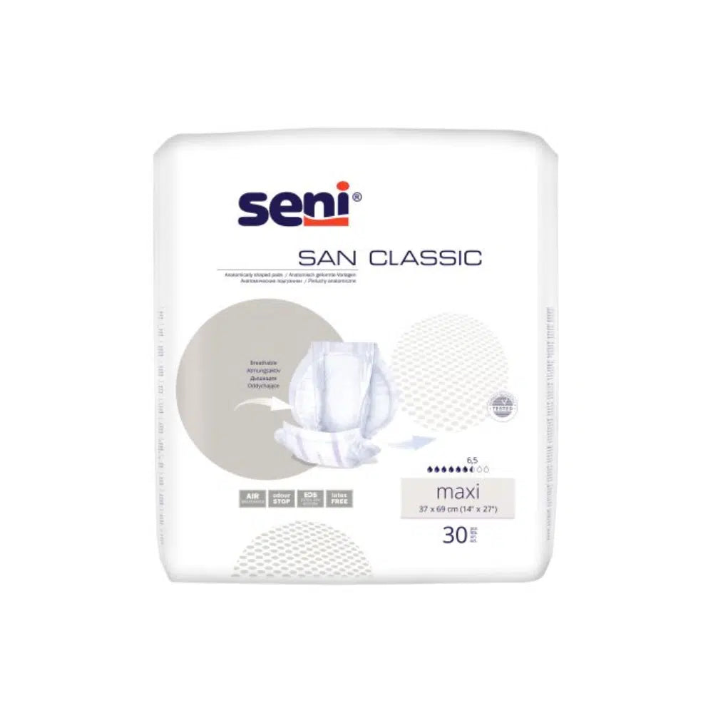 San Seni Classic Maxi inkontinenční vložka od TZMO Deutschland GmbH – balení po 30 kusech pro slabost močového měchýře, s bezpečnou ochranou proti úniku. Podrobnosti o produktu a logo na bílém obalu.