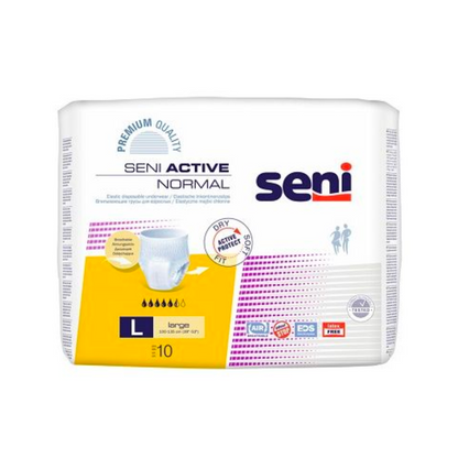 Seni Active Normal inkontinenční kalhotky od TZMO Deutschland GmbH: velikost pro dospělé Large, kapacita 1700 ml. Ideální při slabosti močového měchýře, obal zobrazuje informace o produktu, diagram a zvýrazňuje indikátor vlhkosti.