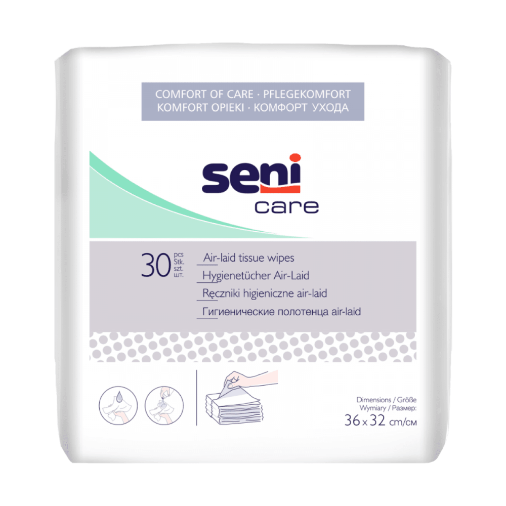 Balení hygienických ubrousků Air-Laid Seni Care od společnosti TZMO Deutschland GmbH obsahuje 30 ubrousků (36 x 32 cm) pro efektivní čištění pokožky, s vícejazyčnými informacemi o produktu a obrázky použití na bílém obalu.