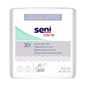 Balení hygienických ubrousků Air-Laid Seni Care od společnosti TZMO Deutschland GmbH obsahuje 30 ubrousků (36 x 32 cm) pro efektivní čištění pokožky, s vícejazyčnými informacemi o produktu a obrázky použití na bílém obalu.