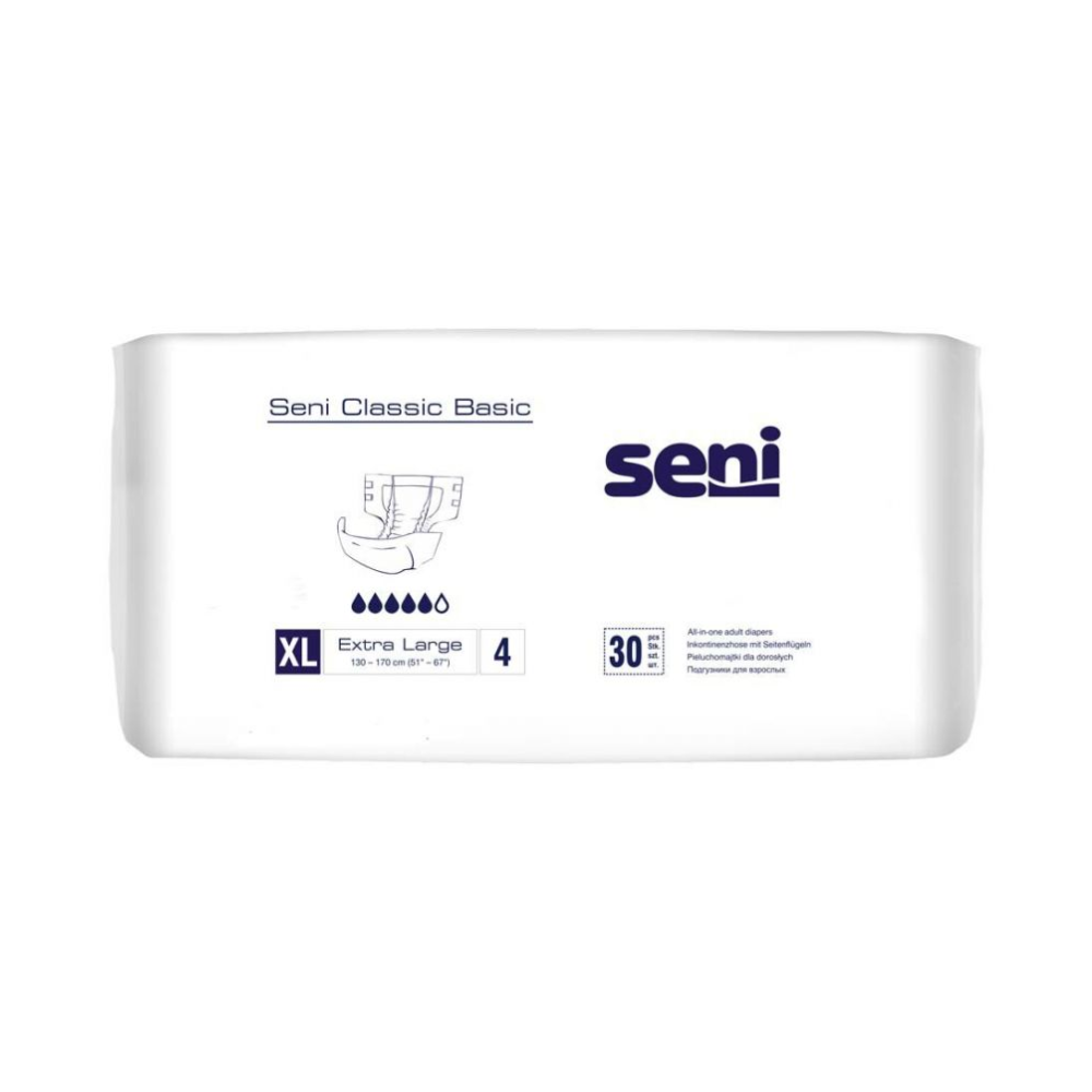 Eine Packung Seni Classic Basic Inkontinenzhosen in der Größe Extra Large mit einer Stückzahl von 30 auf schlichtem, weißem Hintergrund.