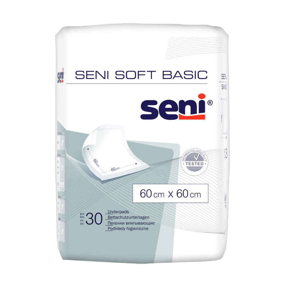 Balení Seni Soft Basic podložek na ochranu postele od společnosti TZMO Deutschland GmbH, s obrázkem produktu, dostupné v různých velikostech (např. 60 x 60 cm), obsahuje 30 podložek a poskytuje ochranu s vícejazyčnými informacemi o produktu.