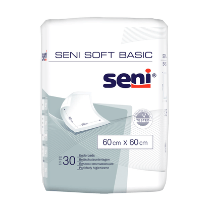 Balení Seni Soft Basic podložek na ochranu postele od společnosti TZMO Deutschland GmbH, s obrázkem produktu, dostupné v různých velikostech (např. 60 x 60 cm), obsahuje 30 podložek a poskytuje ochranu s vícejazyčnými informacemi o produktu.