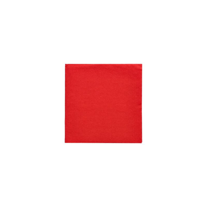Ubrousek PAPSTAR z „DAILY Collection“ s rozměry 24 x 24 cm, složený na 1/4 velikosti, stojí na jednoduchém bílém pozadí. Tento čtvercový červený ubrousek, vyrobený společností PAPSTAR GmbH, se zdá být FSC-certifikovaný a je vyroben z papíru s rovnoměrnou červenou barvou a hladkou texturou po celém povrchu, ideální pro ekologické stolní dekorace.