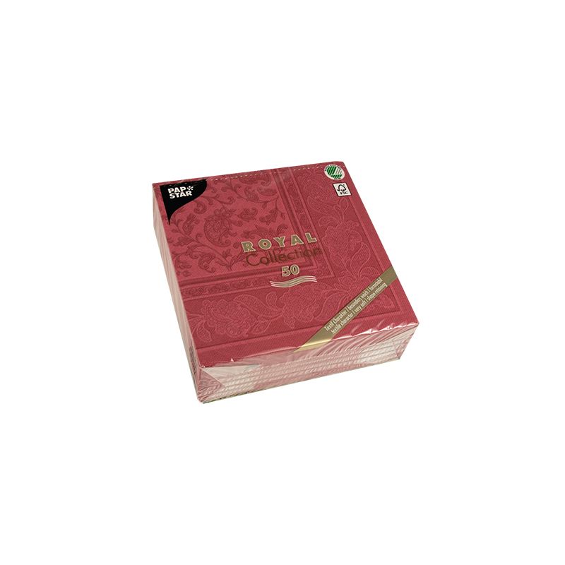 Eine rote Packung PAPSTAR Servietten „ROYAL Collection“ im edlen Ornament-Design beinhaltet 50 Servietten aus dreilagigem Premium-Tissue.