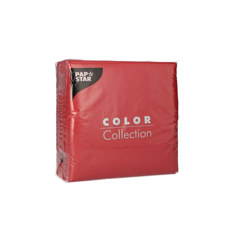 Zapečetěné balení 100 ubrousků PAPSTAR, 1vrstvé, 1/4 skládání, 33 x 33 cm od PAPSTAR GmbH, zobrazené na jednoduchém bílém pozadí s etiketou a údaji o produktu v bílém a černém písmu.