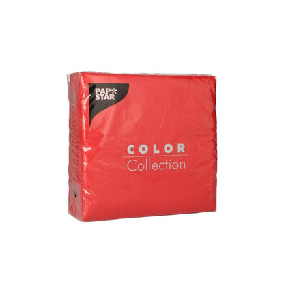 Balení PAPSTAR 100 ubrousků, jednovrstvé 1/4 skládání 33x33 cm od PAPSTAR GmbH, FSC-certifikované, čtvercově naskládané v plastovém obalu s bílým a černým písmem.