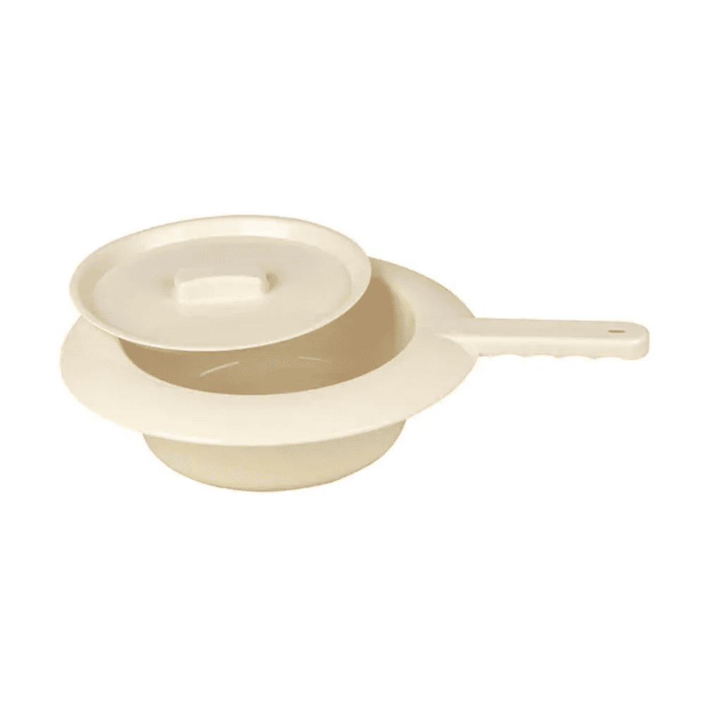 Před bílým pozadím je zobrazeno plastové nočník Servoprax - 300 x 80 mm od společnosti Servoprax GmbH. Skládá se z béžové struktury z polypropylenu s víkem a rukojetí. Víko je lehce otevřené a poskytuje pohled do vnitřku nočníku, což zdůrazňuje jeho jednoduchý a účelný design.