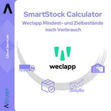 Logo a reklamní grafika pro „SmartStock Calculator: Weclapp kalkulátor minimálních a cílových zásob podle spotřeby“ od Altruan s symboly nákladního auta, dárkové krabice a diagramu jako symboly pro správu zásob na světlém pozadí.