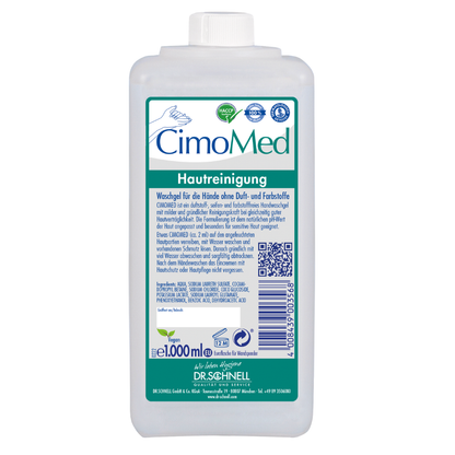 Bílá plastová láhev o objemu 1000 ml Dr. Schnell CIMOMED mycí gel na ruce, bez parfemace a barviv, pro čištění pokožky od DR.SCHNELL GmbH & Co. KGaA, ideální pro citlivou pokožku s modro/zelenou etiketou, QR kódem, certifikacemi a německým návodem.