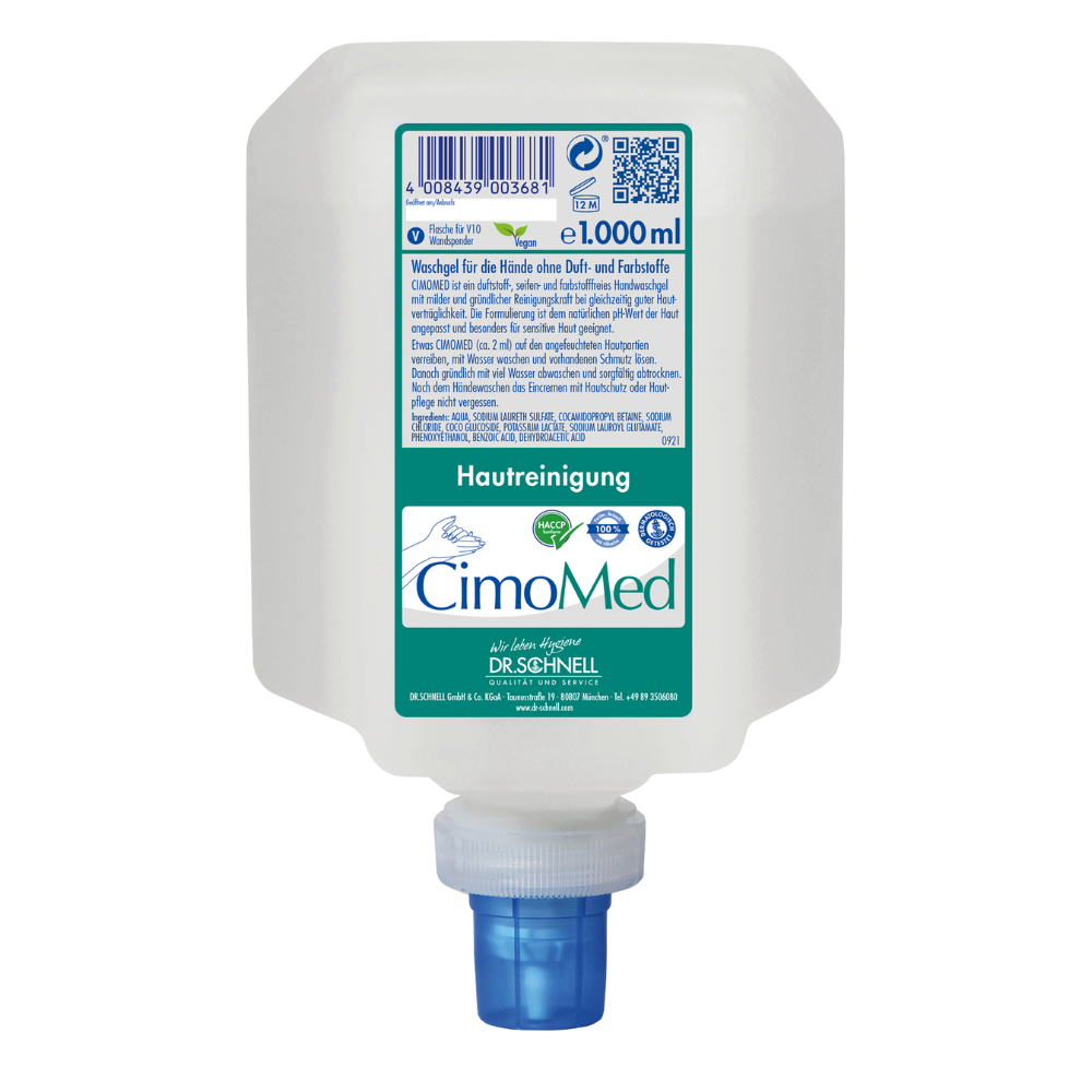Bílá 1000ml láhev Dr. Schnell CIMOMED mycí gel na ruce, bez parfemace a barviv pro čištění pokožky od DR.SCHNELL GmbH & Co. KGaA, s modrým dávkovacím uzávěrem a německou etiketou s obsahem a pokyny pro použití pro citlivou pokožku.
