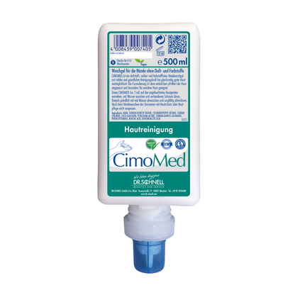 Láhev o objemu 500 ml Dr. Schnell CIMOMED mycí gel na ruce od DR.SCHNELL GmbH & Co. KGaA, bez parfemace a barviv pro čištění pokožky, s bílým německým logem a modrým dávkovačem - ideální pro citlivou pokožku.