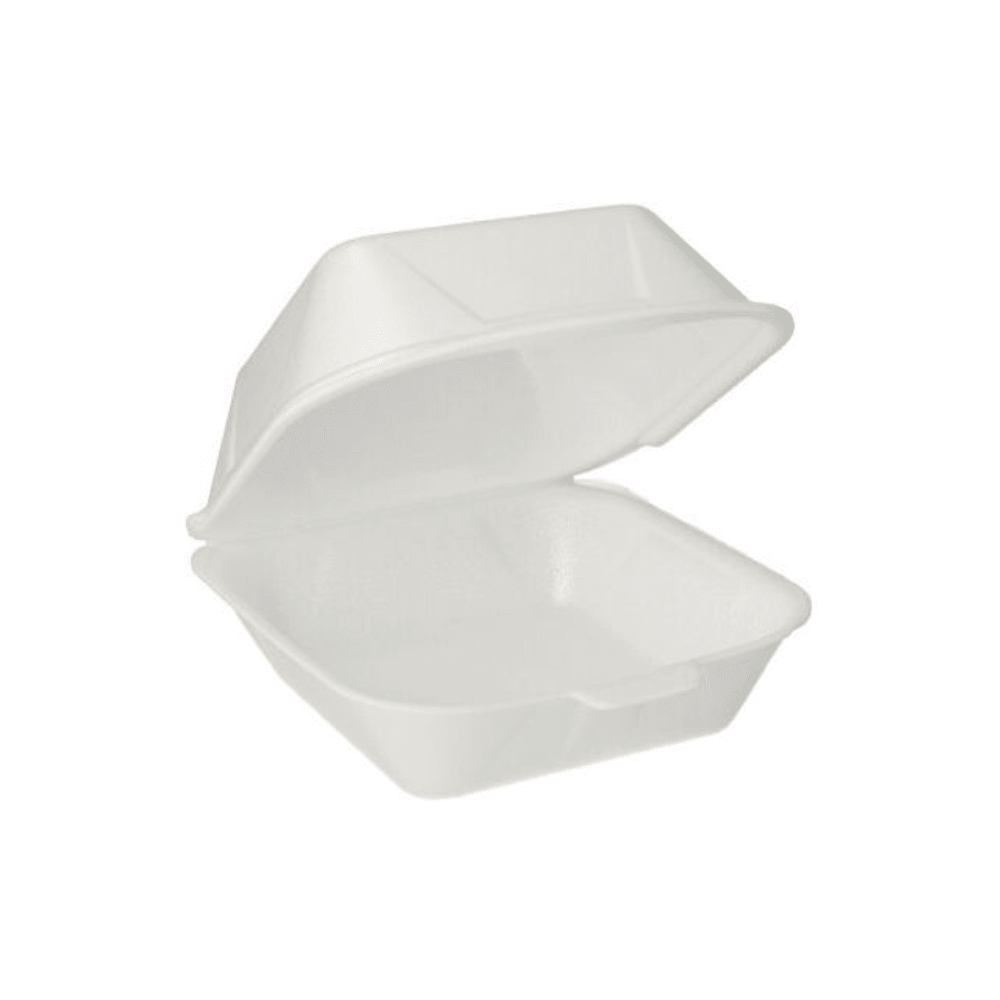 Na jednobarevném pozadí je vidět Starpak burger box s klopovým víkem z XPS o rozměrech 14,5 x 15,5 cm v bílé barvě. Materiál XPS zajišťuje izolační účinek, zatímco prázdná krabice předvádí svůj prostorný interiér.