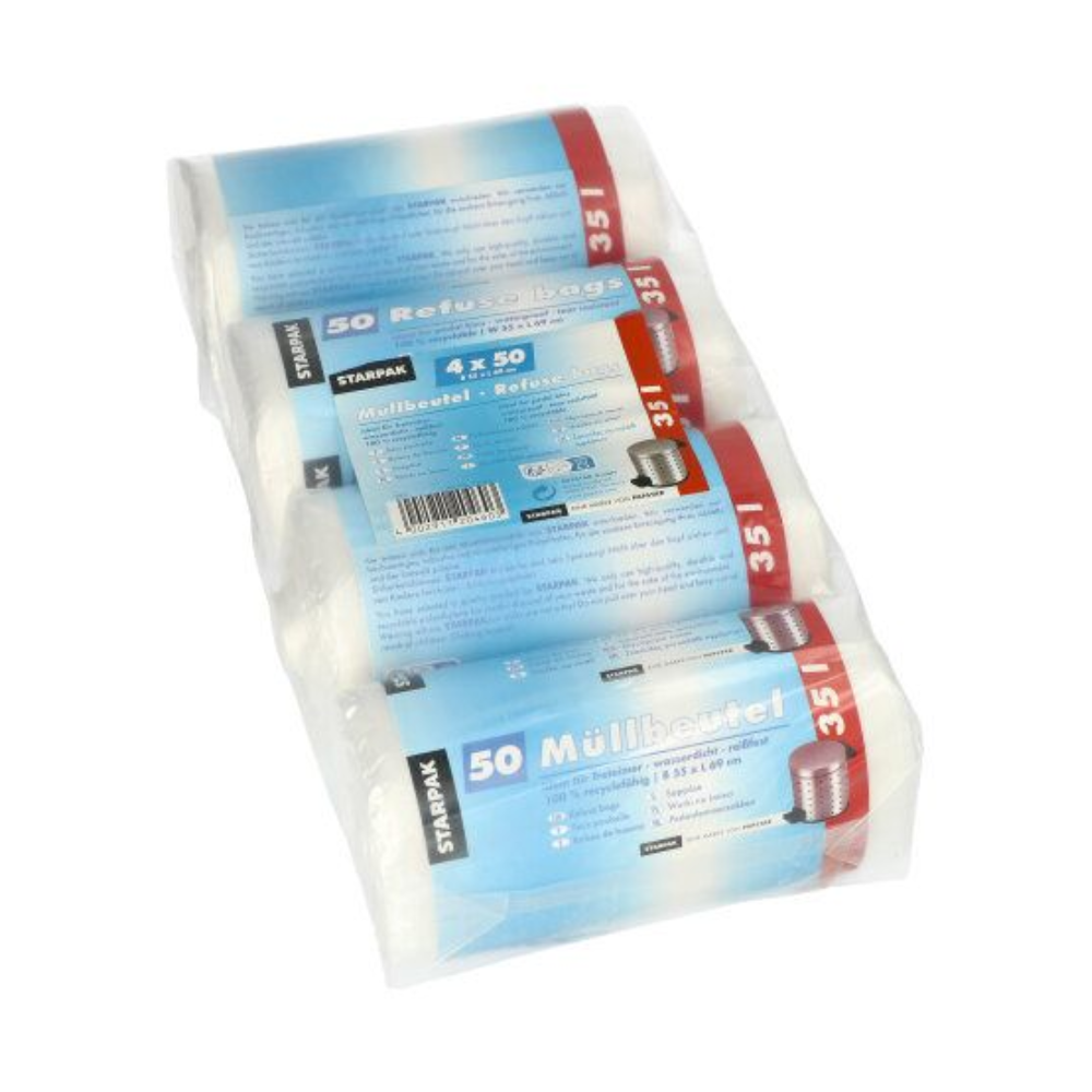 Výrobek se skládá ze čtyř rolí s 35litrovými odpadkovými pytli, které jsou jednotlivě baleny v průhledném plastovém obalu. Štítek na každé roli nese text „Starpak“ a „50 odpadkových pytlů“, což naznačuje, že jsou určeny pro domácí použití.