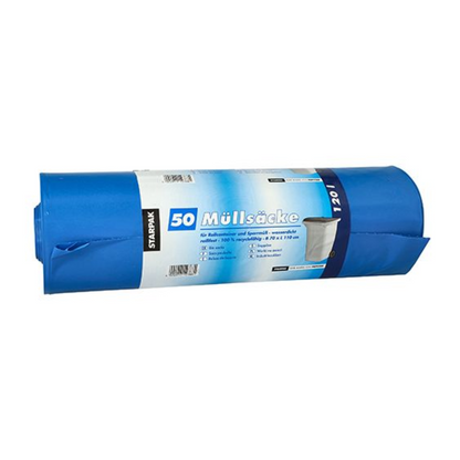Pytle na odpadky Starpak 50, LDPE 120 l 110 cm x 70 cm, jsou dodávány v robustním modro-bílém obalu. Tyto pytle na odpadky od Starpak jsou vyrobeny z LDPE a pojmou až 120 litrů pro spolehlivé odstranění odpadu.
