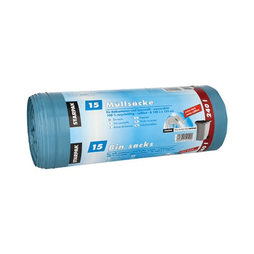 Jedna role Starpak pytlů na odpadky 240 l H 125 x Š 100 cm modrá, opatřená vícejazyčnou páskou s „pytle na odpadky 240 litrů“, „15 kusů“ a „100 % recyklovaný plast“, je ideální pro likvidaci objemného odpadu. Vyrobeno z odolné LDPE fólie, značka „Starpak“ vyniká.