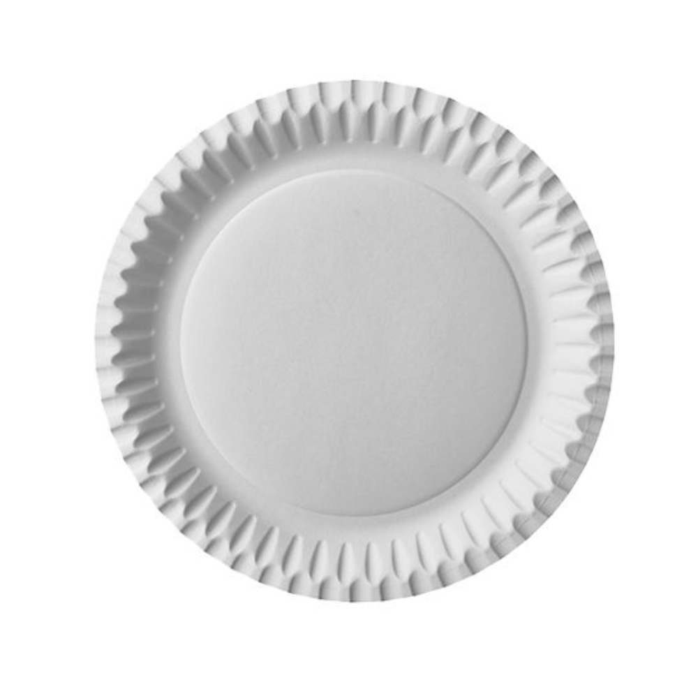 Jednoduchý, kulatý Starpak 100 talíř z papíru (bílý), průměr 23 cm, s mírně zvýšeným, zvlněným okrajem, zobrazený z vrchu na bílém pozadí.