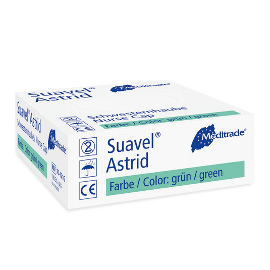 Krabička operačních rukavic Meditrade Suavel® Astrid od společnosti Meditrade GmbH. Obal je převážně bílý a modrý, přičemž text uvádí, že barva rukavic je zelená. Symboly upozorňují na to, že rukavice jsou určeny k jednorázovému použití.