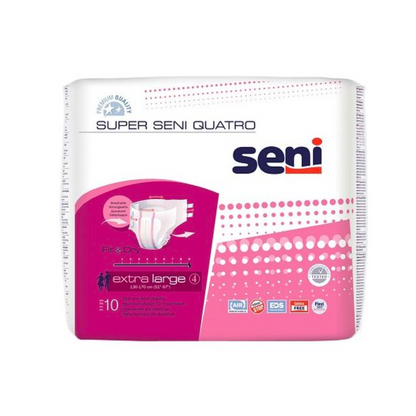 Balení inkontinenčních kalhotek Super Seni Quatro pro dospělé od TZMO Deutschland GmbH s močovou slabostí, extra velká velikost, s ochranou proti úniku a obalem v růžové, bílé a modré barvě.