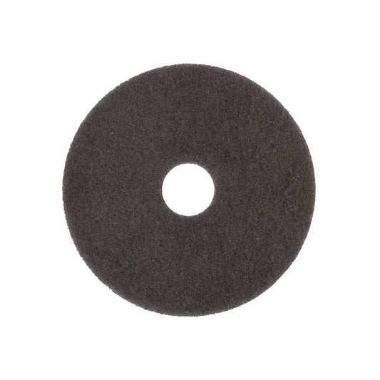 Ein rundes, flaches, schwarzes Arcora Superpad Dunkelbraun Trockengrundreinigung Auf Unempfindlichen Belägen von Arcora International GmbH mit einem kleinen Loch in der Mitte ist auf weißem Hintergrund abgebildet.