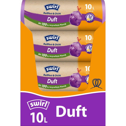 Abgebildet ist eine Rolle Swirl Duft-Müllbeutel Vanille-Lavendel 10l Reißfest & Dicht der Melitta Europa GmbH & Co. KG mit 14 Müllbeuteln, die nach Vanille und Lavendel duften und aus mindestens 100 % recyceltem Kunststoff bestehen.