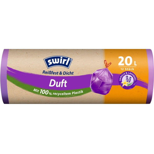 Der Swirl Duft-Müllbeutel Vanille-Lavendel 20 l Reißfest & Dicht von Melitta Europa GmbH & Co. KG bietet pro Rolle 12 recycelte Plastiktüten in lila-oranger Verpackung mit Vanille-Lavendel-Duft.