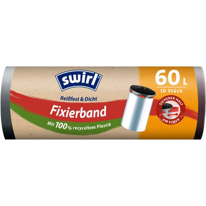 Jedna role Swirl fixačních pásků na odpadkové pytle 60 l Odolné proti roztržení & Těsné od Melitta Europa GmbH & Co. KG obsahuje 10 pytlů ze 100% recyklovaného plastu, s elastickými fixačními pásky v hnědém, červeném a oranžovém balení a motivem odpadkového pytle.