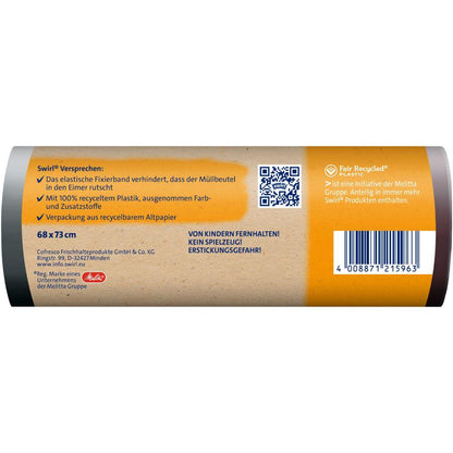 Jedna role Swirl fixačních pásků na odpadkové pytle 60 l Odolné proti roztržení & Těsné (10 pytlů) od Melitta Europa GmbH & Co. KG má světle hnědou německou etiketu, je vyrobena ze 100% recyklovaného plastu a má elastický fixační pásek pro bezpečné uzavření.