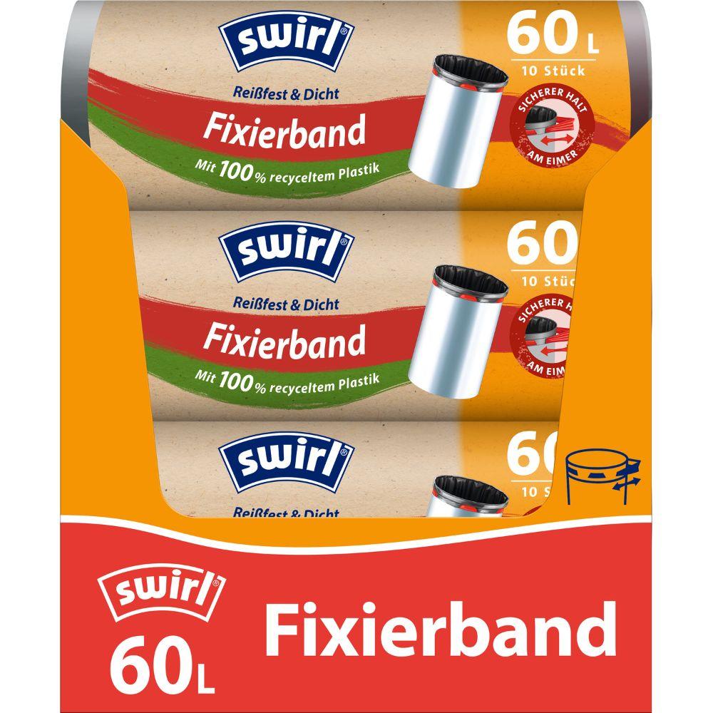 Tři role Swirl fixačních pásků na odpadkové pytle 60 l Odolné proti roztržení & Těsné od Melitta Europa GmbH & Co. KG (každá role s 10 pytli) jsou dodávány v oranžovočervené krabici s německými detaily a motivem popelnice, která je vyrobena ze 100% recyklovaného plastu.