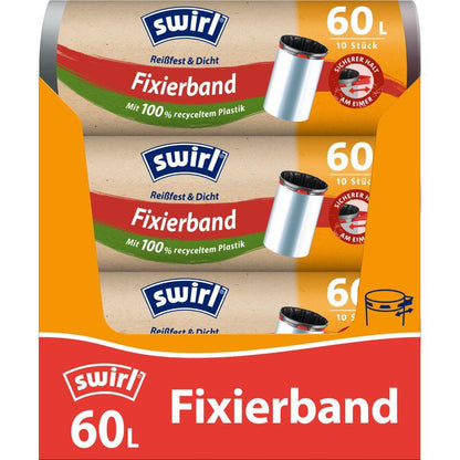 Tři role Swirl fixačních pásků na odpadkové pytle 60 l Odolné proti roztržení & Těsné od Melitta Europa GmbH & Co. KG (každá role s 10 pytli) jsou dodávány v oranžovočervené krabici s německými detaily a motivem popelnice, která je vyrobena ze 100% recyklovaného plastu.