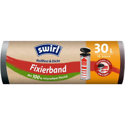 Zobrazená je role Swirl fixačních pytlů na odpad XL 30 l extra dlouhá od společnosti Melitta Europa GmbH & Co. KG v jejich obalu s nápisem 30 litrů kapacita, vyrobená ze 100 % recyklovaného plastu a s obsahem 10 pytlů.