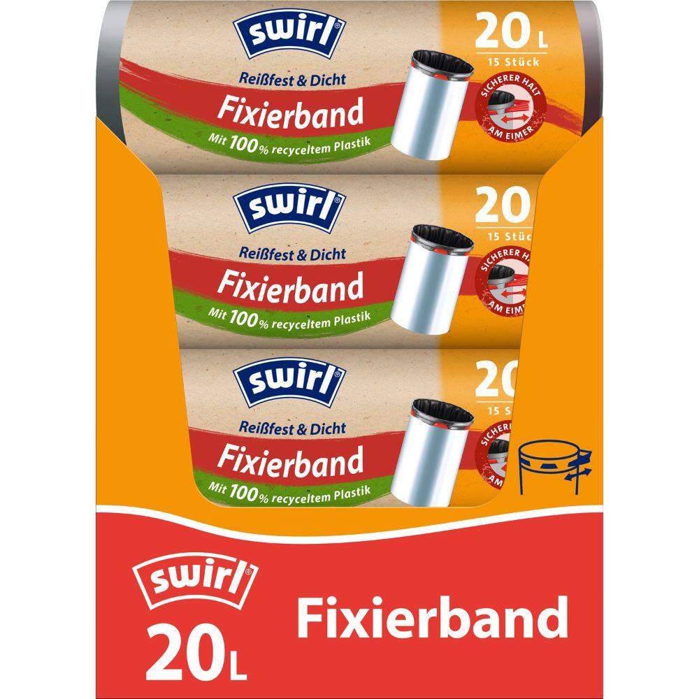 Tři role pytlů na odpadky Swirl s fixační páskou 20 l Odolný proti roztržení a těsný od Melitta Europa GmbH & Co. KG s 15 pytli v oranžovém a zeleném balení, vyrobené ze 100 % recyklovaného plastu a vybavené odolnou fólií.