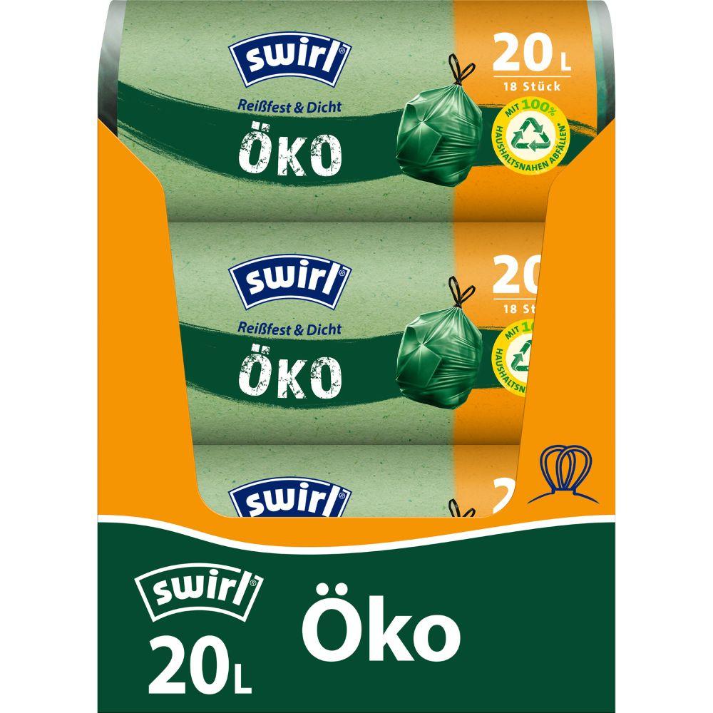 Role Swirl eko-odpadkových sáčků se stahovací šňůrkou 20 l od Melitta Europa GmbH & Co. KG obsahuje 18 odolných proti roztržení a netěsnosti sáčků se stahovacím uzávěrem a ekologickými vlastnostmi, vyrobených z recyklovaného plastu a opatřených zelenou pečetí.