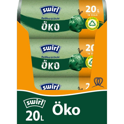 Role Swirl eko-odpadkových sáčků se stahovací šňůrkou 20 l od Melitta Europa GmbH & Co. KG obsahuje 18 odolných proti roztržení a netěsnosti sáčků se stahovacím uzávěrem a ekologickými vlastnostmi, vyrobených z recyklovaného plastu a opatřených zelenou pečetí.