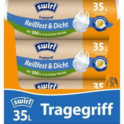 Eine Rolle Swirl Tragegriff-Müllbeutel 35 l Reißfest & Dicht (15 Beutel) von Melitta Europa GmbH & Co. KG mit der Aufschrift „Mit 100 % recyceltem Plastik“ mit blauem, weißem und orangem Design und einem Plastiktütenbild.