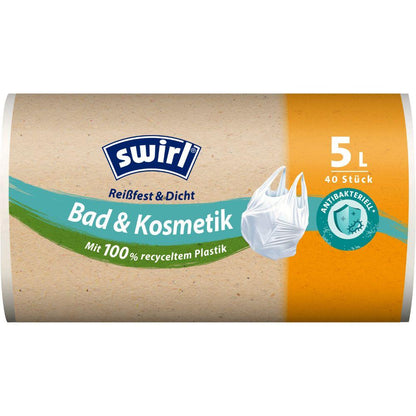 Role Swirl tašek na odpad s úchyty Koupelna a kosmetika 5L (40 tašek) od společnosti Melitta Europa GmbH & Co. KG, vyrobené ze 100 % recyklovaného plastu s antibakteriální ochranou, je označena jako odolná proti roztržení a úniku.