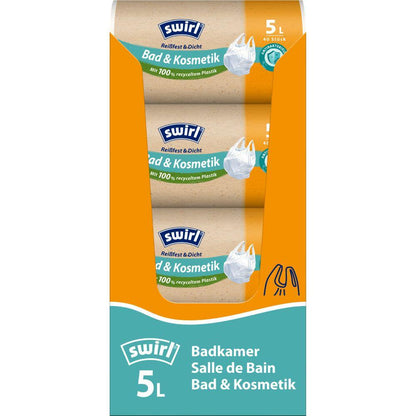 Role Swirl tašek na odpad s úchyty Koupelna a kosmetika 5 l Odolné proti roztržení a úniku od Melitta Europa GmbH & Co. KG se 40 odolnými proti roztržení a úniku koupelnovými taškami na odpad z recyklovaného plastu. Krabice je zobrazena v oranžové a modré barvě.