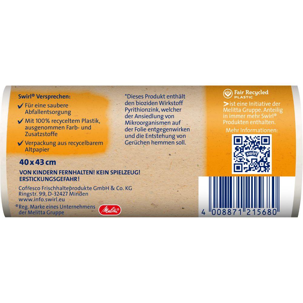 Swirl taškové odpadkové sáčky do koupelny a kosmetiky 10 l od Melitta Europa GmbH & Co. KG se vyznačují sáčky ze 100 % recyklovaného plastu, bez barviv/přísad, antibakteriálními vlastnostmi, recyklovatelným obalem, čárovým kódem a QR kódem.
