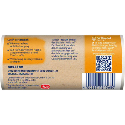 Swirl taškové odpadkové sáčky do koupelny a kosmetiky 10 l od Melitta Europa GmbH & Co. KG se vyznačují sáčky ze 100 % recyklovaného plastu, bez barviv/přísad, antibakteriálními vlastnostmi, recyklovatelným obalem, čárovým kódem a QR kódem.
