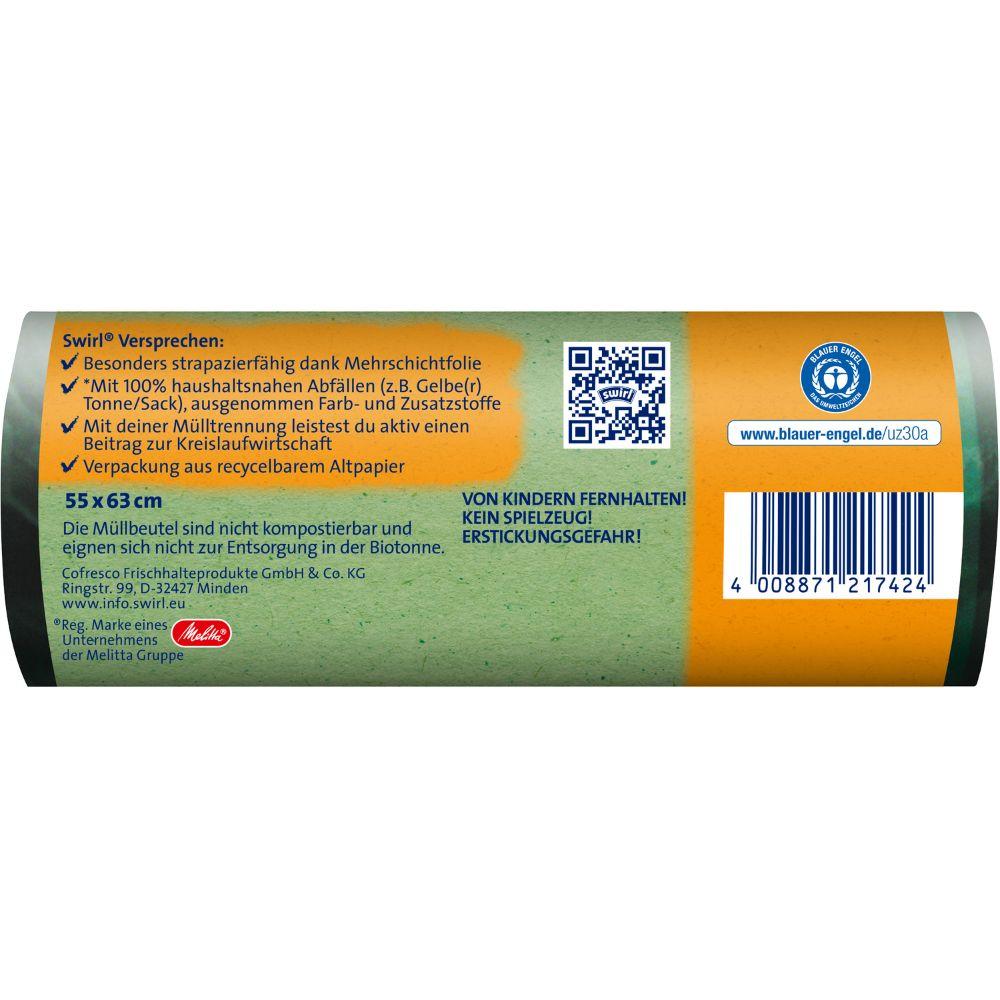 Detailní záběr zadní etikety Melittas Swirl ekologických pytlů na odpad se stahovací šňůrkou 35 l (12 pytlů) ukazuje produktové sliby, návod k použití, QR kód, čárový kód a německá bezpečnostní varování na zeleno-oranžovém pozadí.